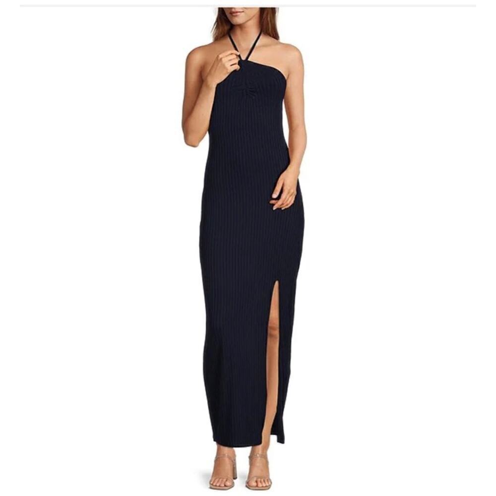 1. State Women’s Ribbed High Slit Halter Neckline Smocked Back Maxi Sz S Navy
